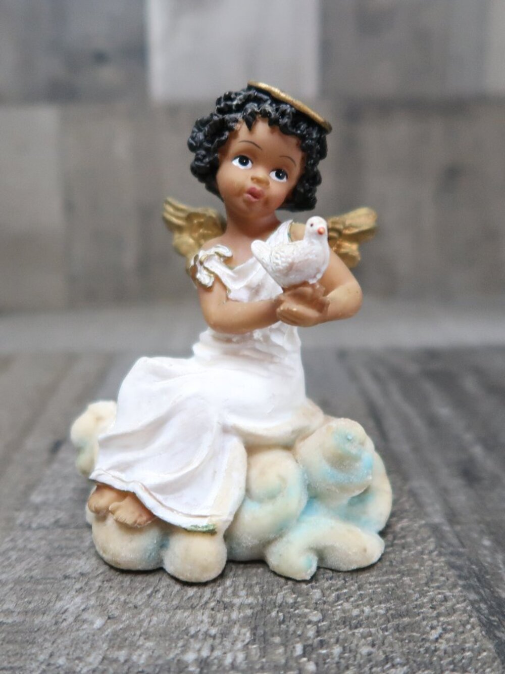 Handpainted Resin Little Black Girl Angel Holding Dove Figure African American